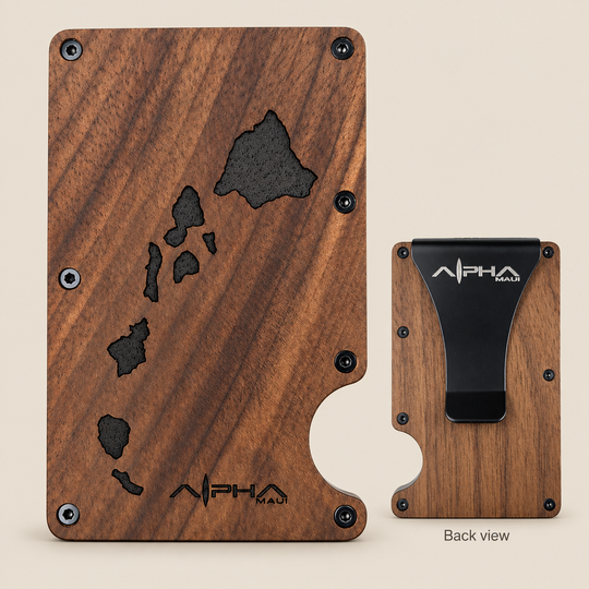 Alpha Maui walnut Clip front with smaller back view showing the metal money clip