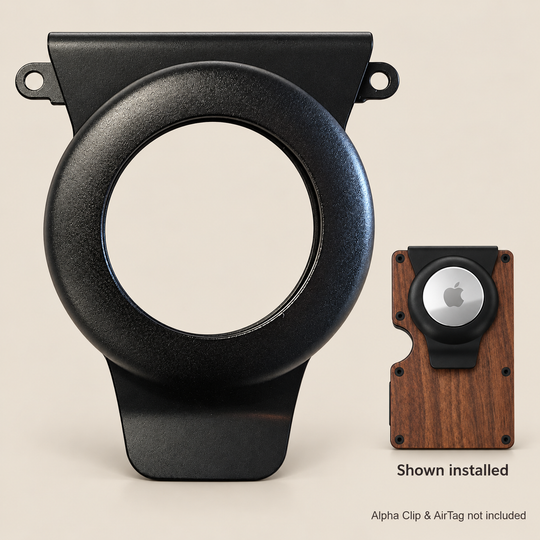 Alpha Maui AirTag mount kit with small installed example; Alpha Clip and AirTag not included