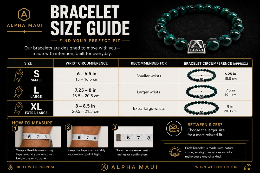 Alpha Maui bracelet size guide — Small, Large and Extra Large wrist and bracelet circumference measurements; how to measure your wrist.
