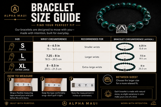 Alpha Maui bracelet size guide — Small, Large and Extra Large wrist and bracelet circumference measurements; how to measure your wrist.