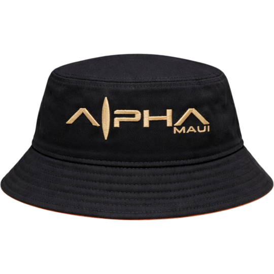 Alpha Maui Bucks Black hemp bucket hat with gold embroidery and photo under-brim