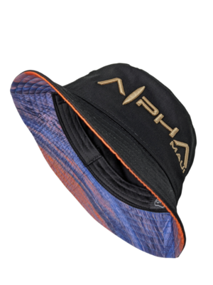 Alpha Maui Bucks Black hemp bucket hat with gold embroidery and photo under-brim
