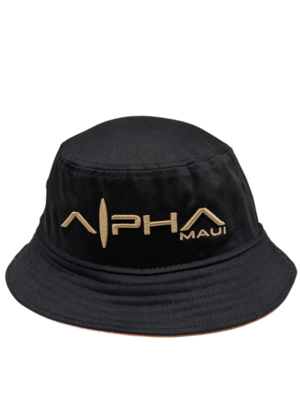 Alpha Maui Bucks Black hemp bucket hat with gold embroidery and photo under-brim