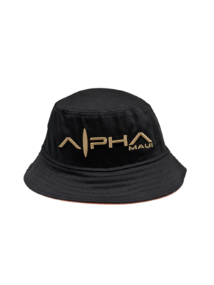 Alpha Maui Bucks Black hemp bucket hat with gold embroidery and photo under-brim