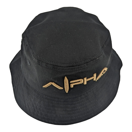 Alpha Maui Bucks Black hemp bucket hat with gold embroidery and photo under-brim