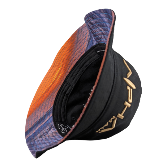 Alpha Maui Bucks Black hemp bucket hat with gold embroidery and photo under-brim