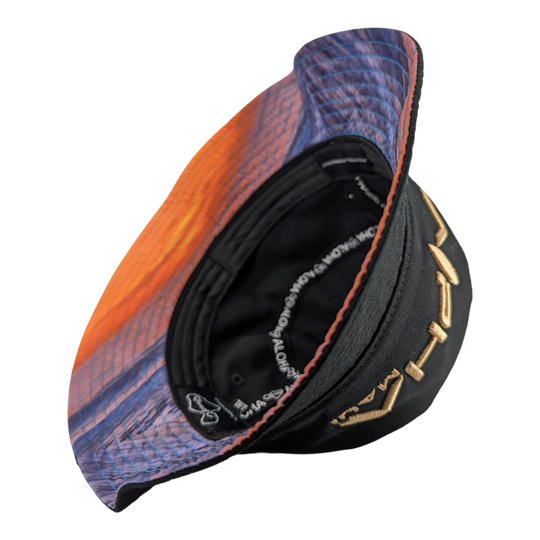 Alpha Maui Bucks Black hemp bucket hat with gold embroidery and photo under-brim