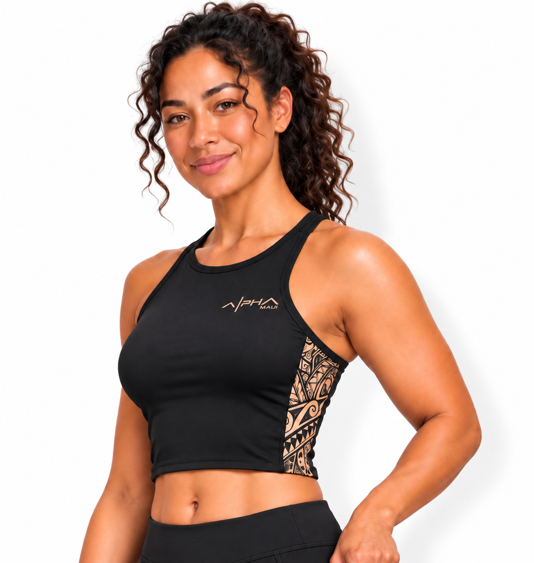 V1 female model wearing sand Trail Runner crop tank on pure white background with soft shadow