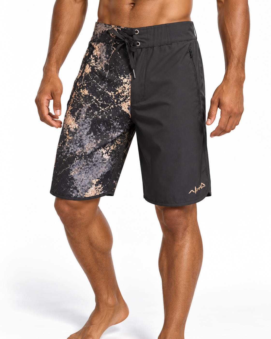 Model wearing Alpha Maui Frontline Boardshorts on a white studio background