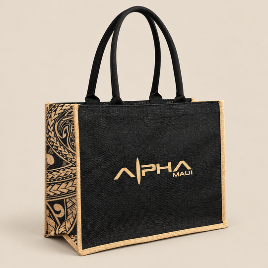 Alpha Maui black jute tote bag with sand logo and tribal side panel