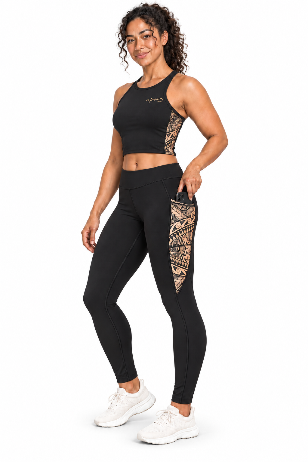 V1 female model wearing sand Trail Runner leggings on pure white background with soft shadow