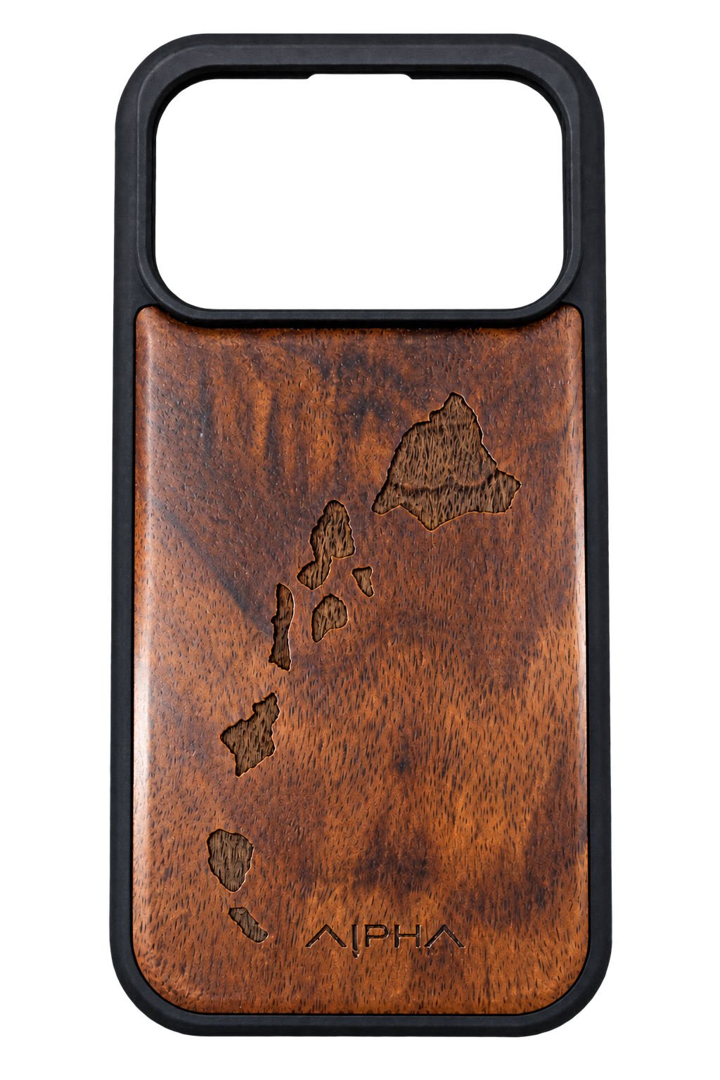 Alpha Maui Natural Guard wood grain iPhone case with Hawaiian islands engraving