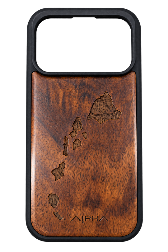 Alpha Maui Natural Guard wood grain iPhone case with Hawaiian islands engraving