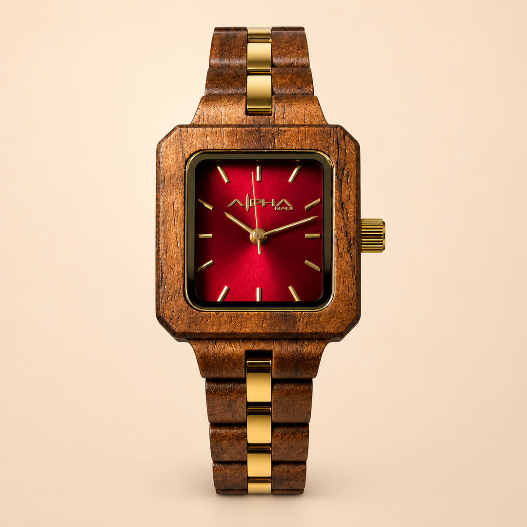 Scarlet Isle watch enlarged front view on Alpha Maui V2 sand background