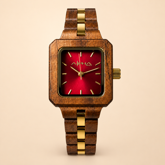 Scarlet Isle watch enlarged front view on Alpha Maui V2 sand background