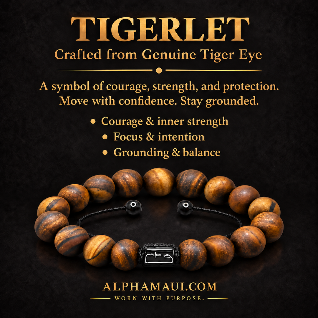 Alpha Maui Tigerlet — genuine Tiger Eye bracelet card; a symbol of courage, strength and protection