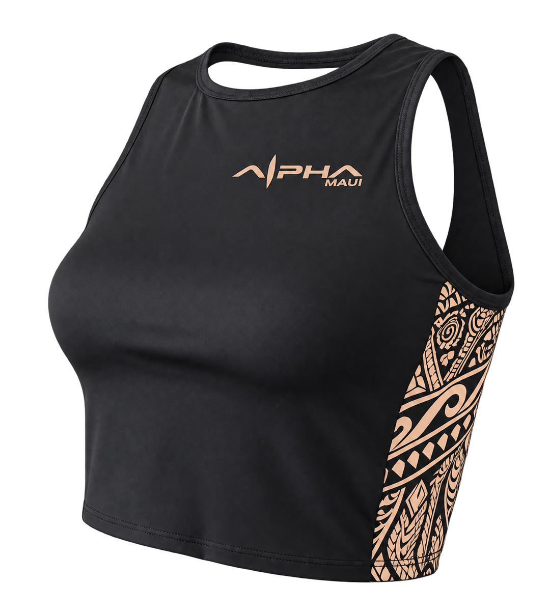 Black Alpha Maui Trail Runner crop tank with sand logos and tribal artwork, front-angle view, transparent background