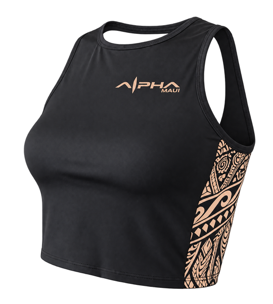 Black Alpha Maui Trail Runner crop tank with sand logos and tribal artwork, front-angle view, transparent background