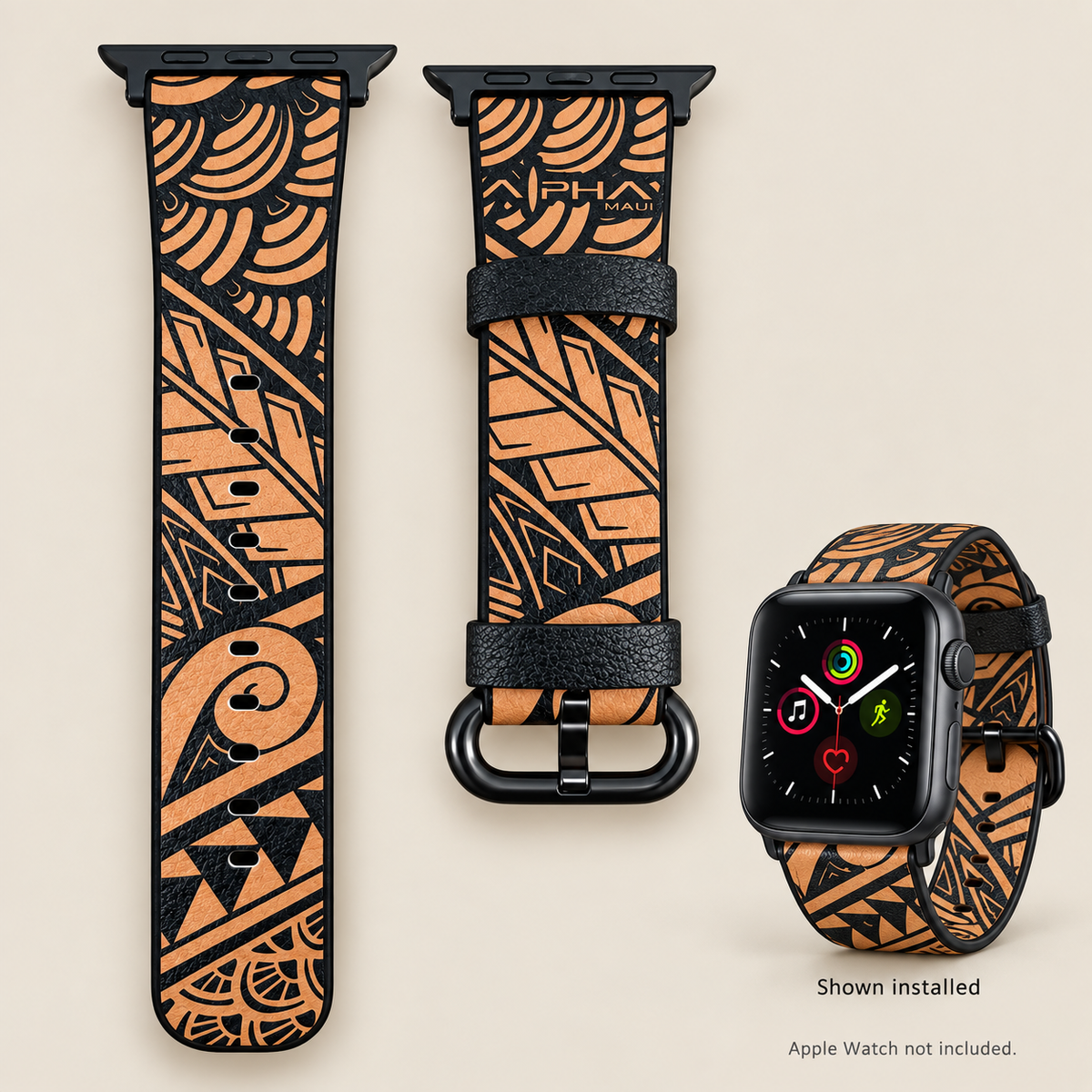 Alpha Maui Tribal leather band with Apple Watch installation example; watch not included