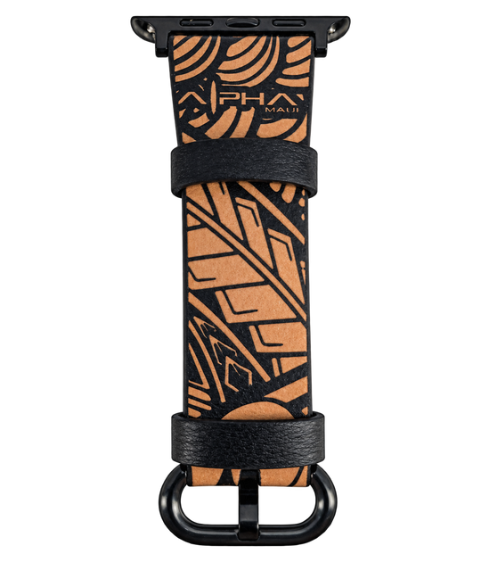 Alpha Maui Tribal leather Apple Watch band with artwork by Adi Sherman