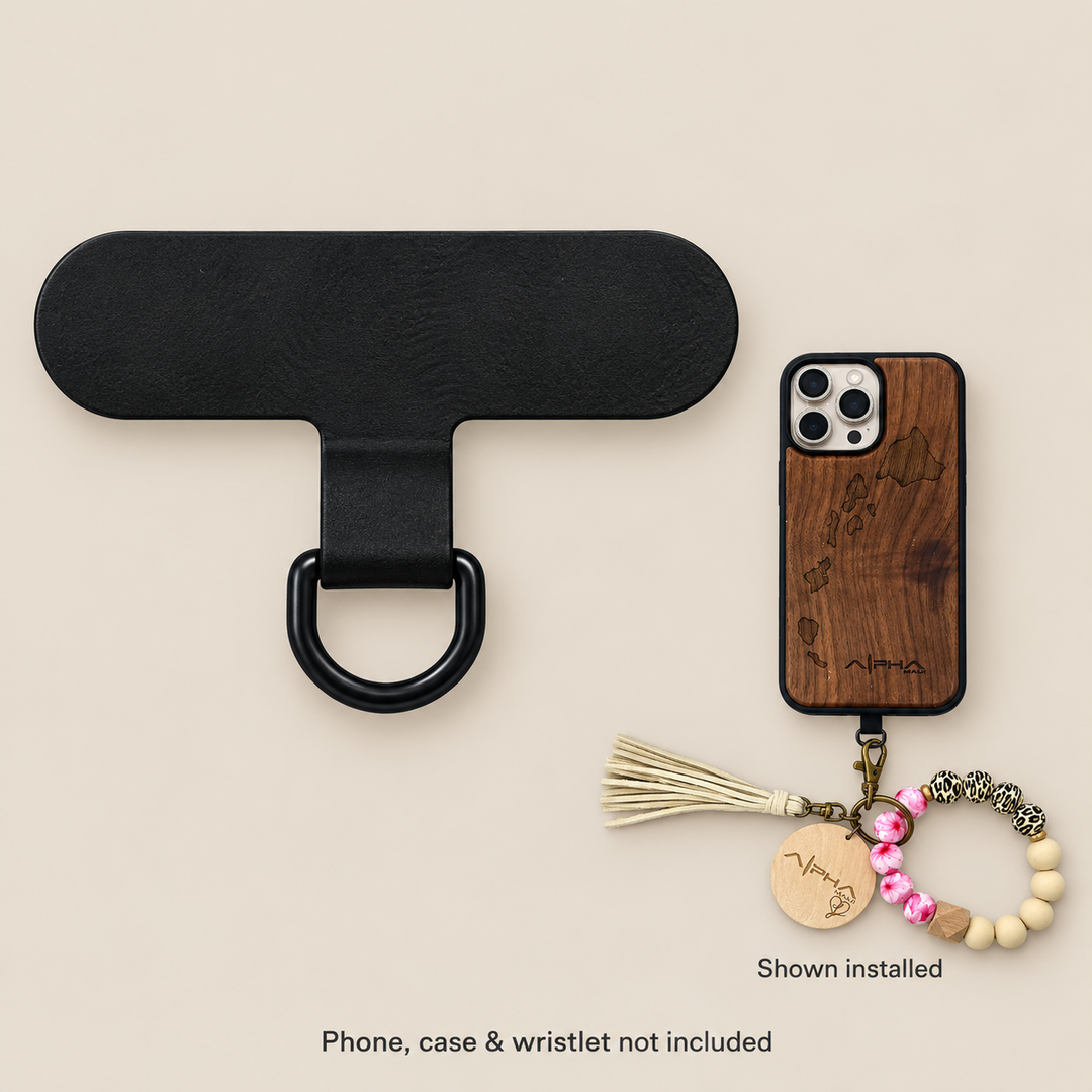 Alpha Maui phone tether tab with small phone and wristlet installation example