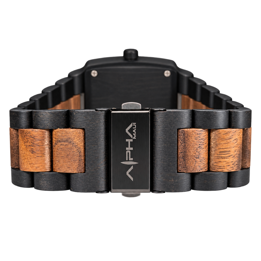 Axis Abyss clasp and two-tone wooden bracelet detail