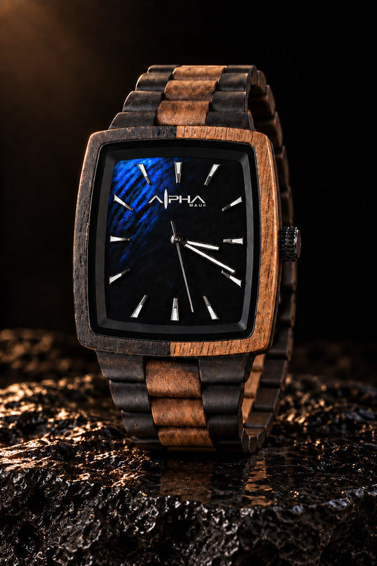 Axis Abyss watch photographed on a dark lava slab