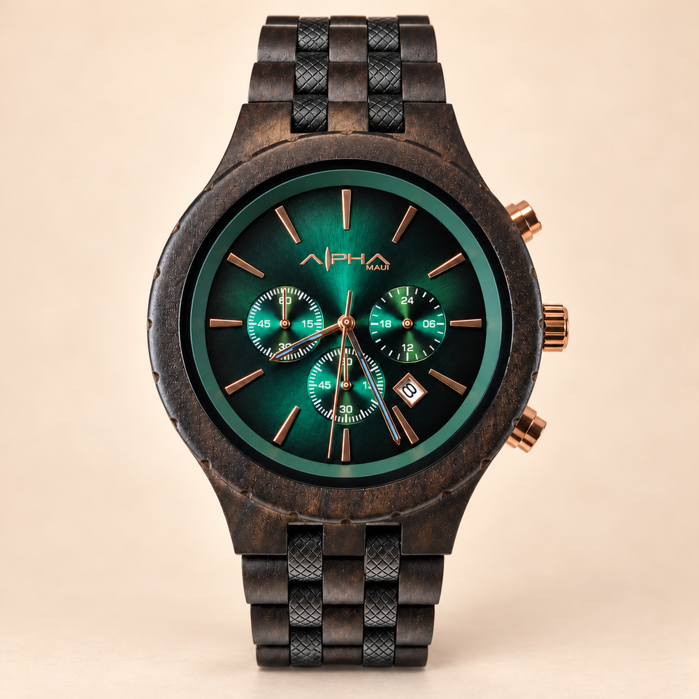 Dark Forest black sandalwood chronograph with metallic green dial, centered front view