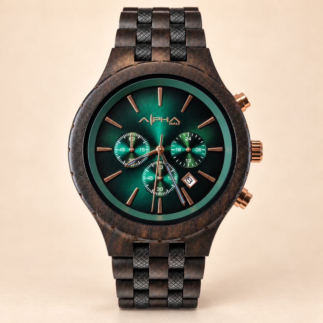 Dark Forest black sandalwood chronograph with metallic green dial, centered front view