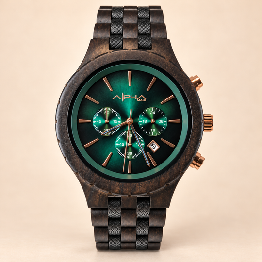 Dark Forest black sandalwood chronograph with metallic green dial, centered front view