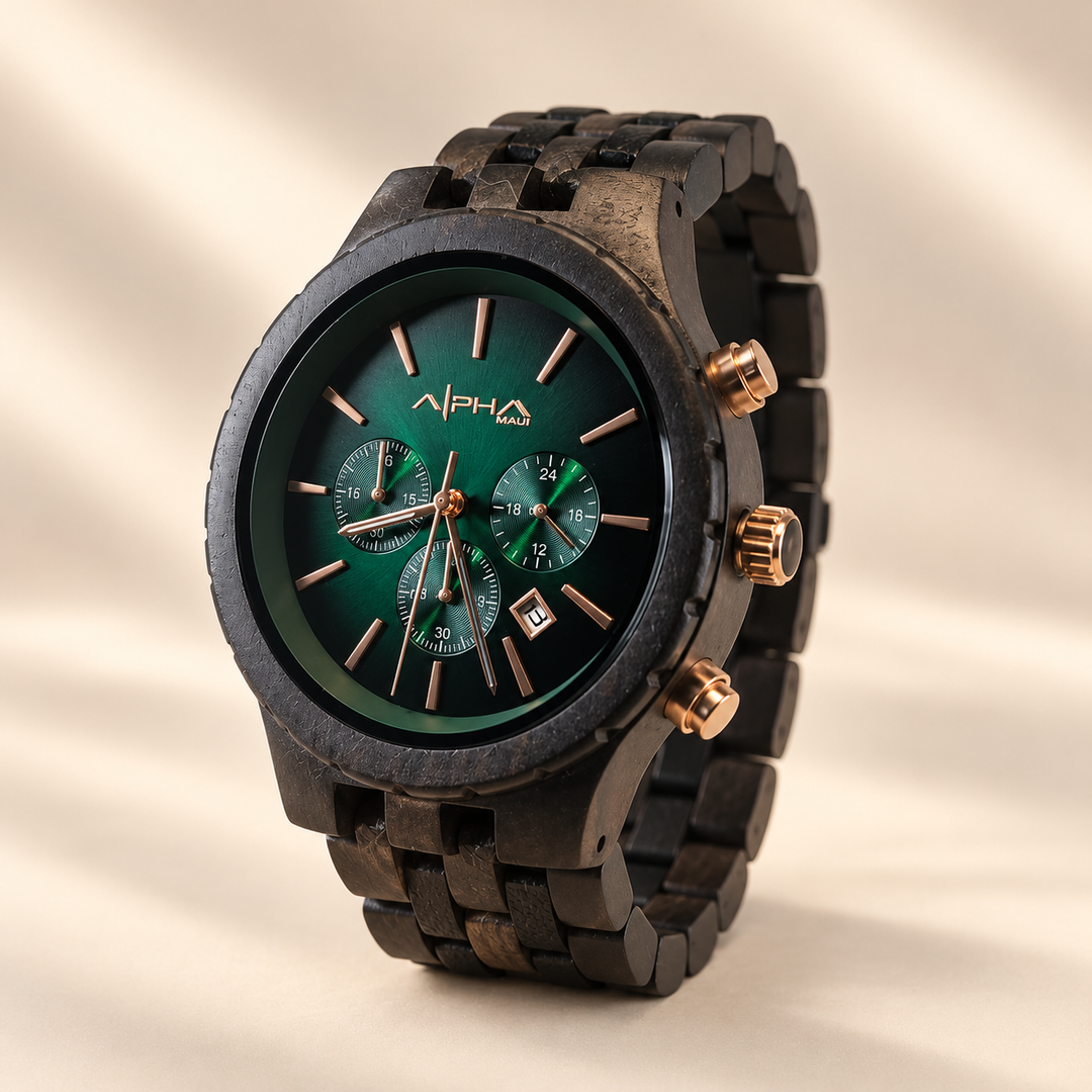 Dark Forest metallic green dial and rose-gold-tone crown, angled view