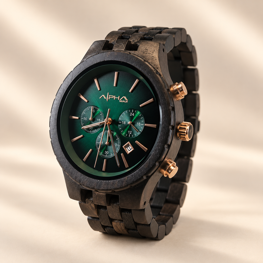 Dark Forest metallic green dial and rose-gold-tone crown, angled view