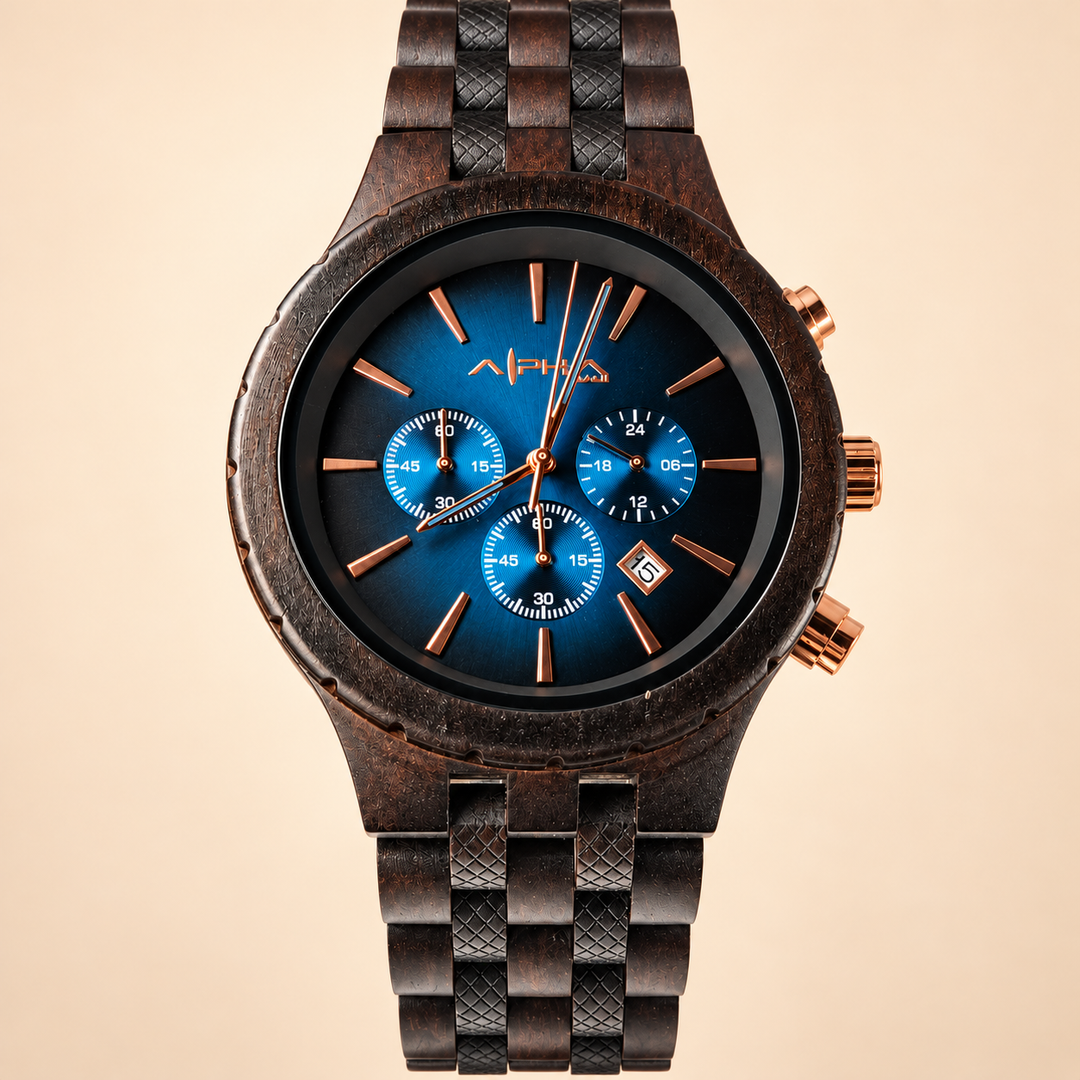 V1 Watch background — Makai Dark Waters centered front view with full upper and lower bracelet