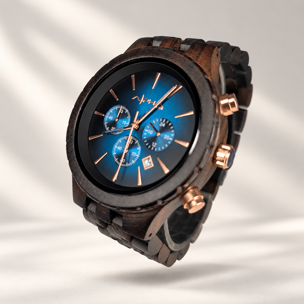Makai Dark Waters blue dial and rose-gold-tone details, angled studio view