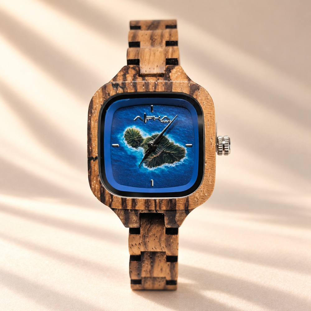 The Wahine MAUI watch, blue Maui island dial detail on the V3 background