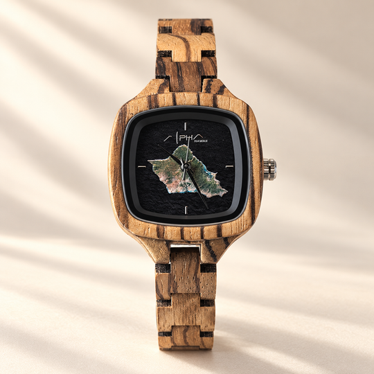 The Wahine zebrawood watch with Hawaiian island dial, front view