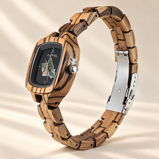 The Wahine zebrawood watch, crown-side view