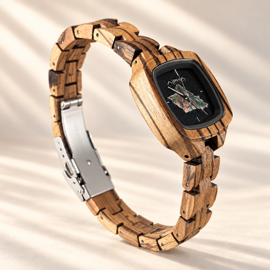 The Wahine zebrawood watch, opposite side view