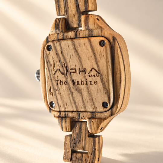 The Wahine engraved zebrawood case back