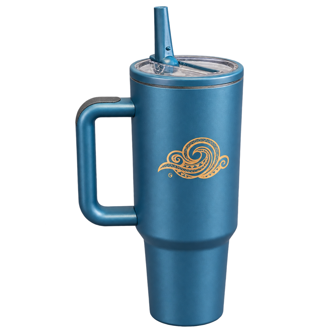 Alpha Maui Tribal Wave 40 oz ocean-blue water bottle with gold wave artwork