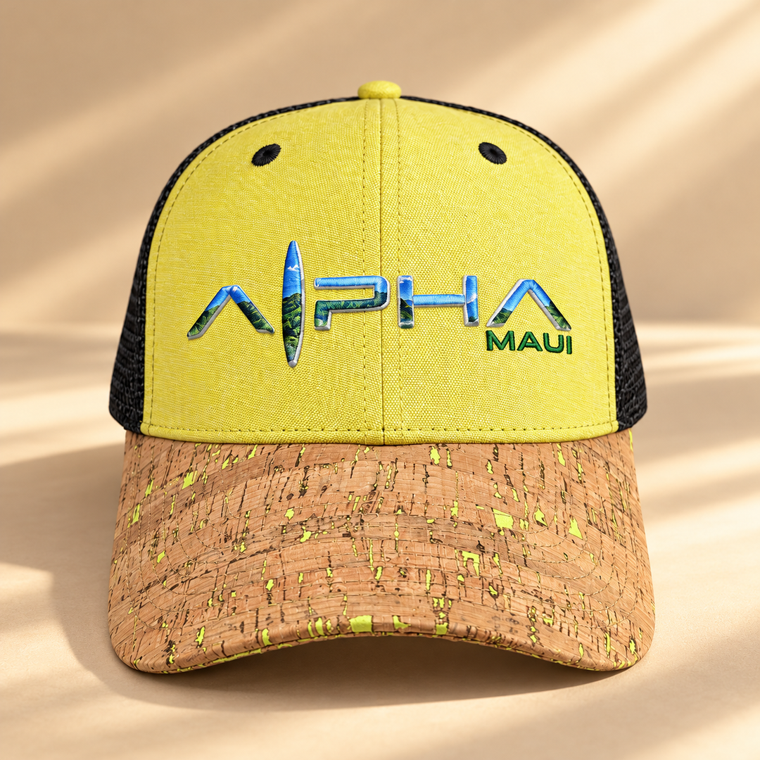 Valley Isle Curve Bill — yellow hemp, black mesh and cork bill