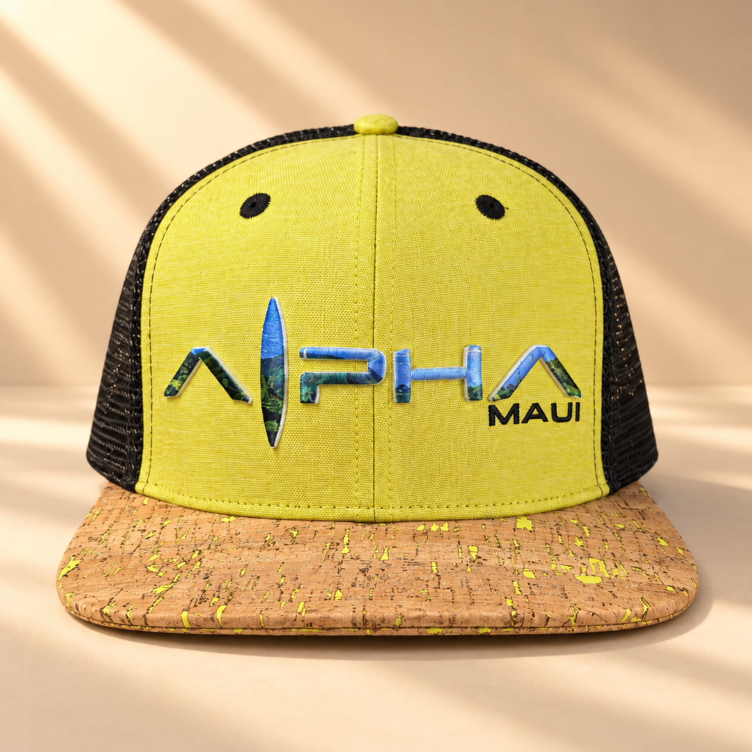 Valley Isle Flat Bill — yellow hemp, black mesh and cork bill