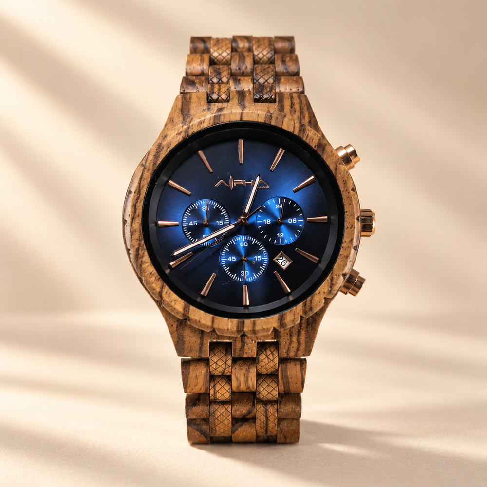 Voyager zebrawood Swiss chronograph with deep blue dial, centered front view on V3 background