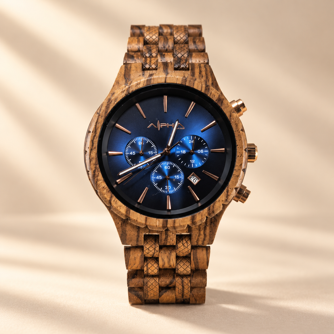 Voyager zebrawood Swiss chronograph with deep blue dial, centered front view on V3 background