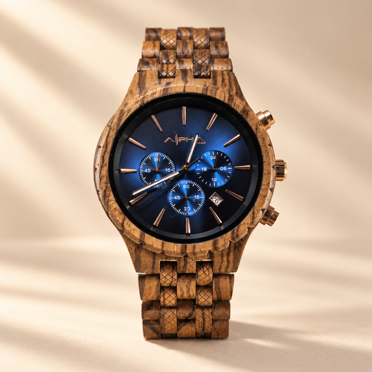 Voyager zebrawood Swiss chronograph with deep blue dial, centered front view on V3 background