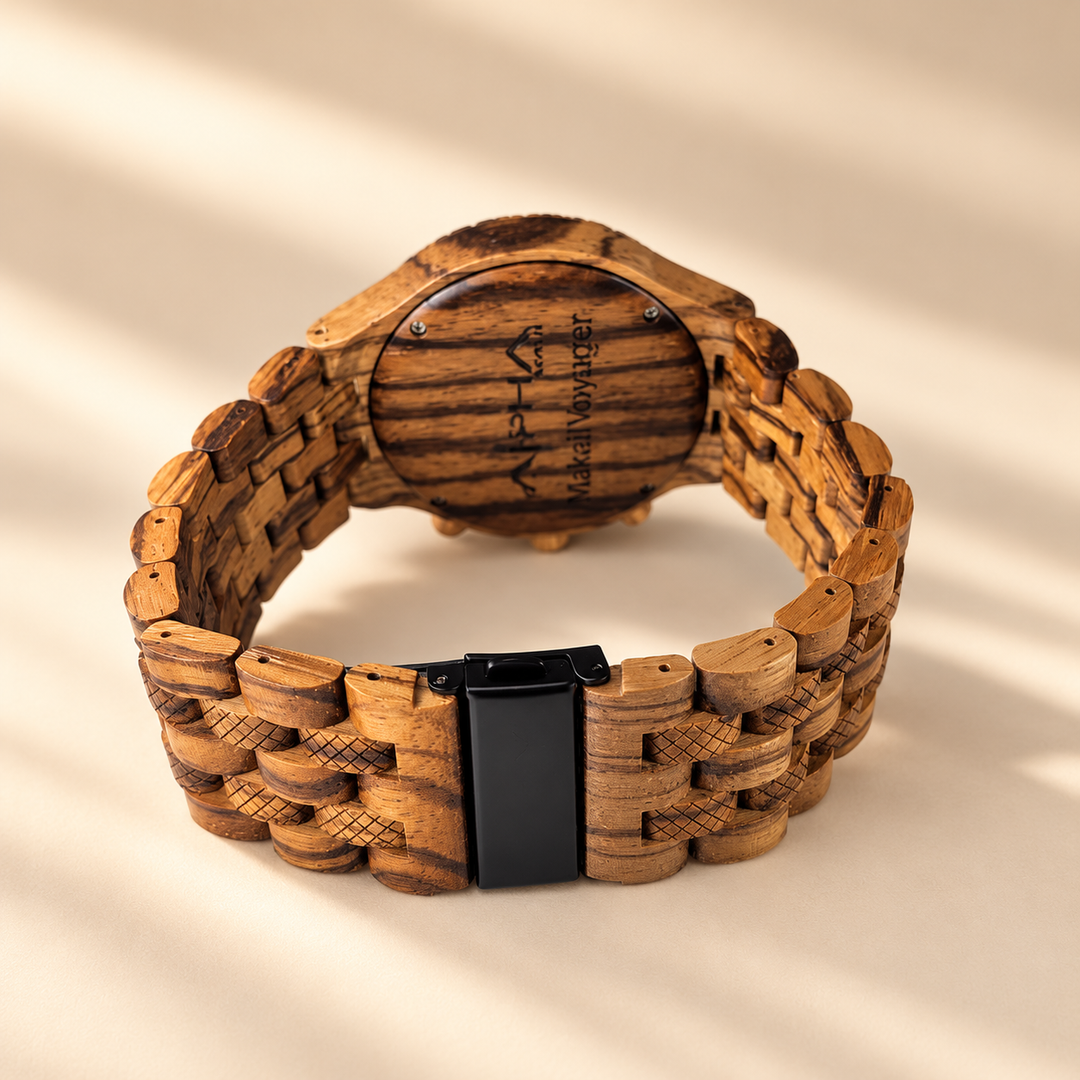 Voyager black folding clasp and zebrawood bracelet detail
