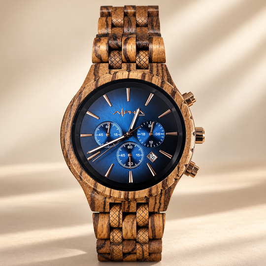 Voyager blue chronograph dial and textured zebrawood bracelet close-up