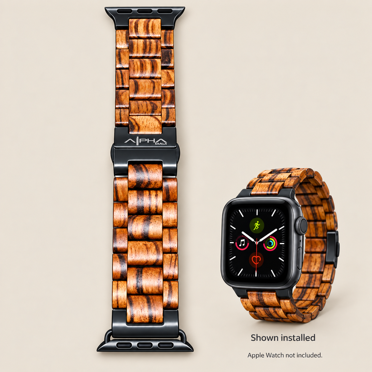 Alpha Maui Zebrawood band with Apple Watch installation example; watch not included