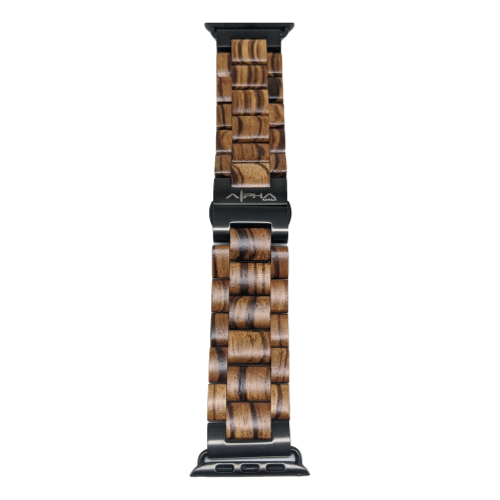 Introducing the Alpha Maui Band - Zebrawood 42mm (42-49mm), a smartwatch band expertly crafted with intricately woven zebrawood and black metal links. The central zebrawood links feature a natural grain pattern, while the sleek black metal links provide a modern contrast. The clasp, engraved with the brand name "Alpha Maui," adds an elegant touch. Ideal for complementing beach attire, this band is designed to enhance your smartwatch style.