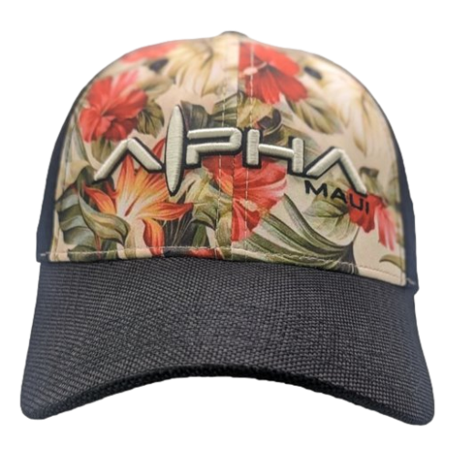 The Alpha Maui Night Garden II baseball cap showcases a striking floral pattern in red, orange, and green hues on the front panel, with "Alpha Maui" embroidered prominently in bold letters. The dark mesh bill and back panels create a sharp contrast against the lively Hawaiian design, exuding a vibrant Aloha spirit.